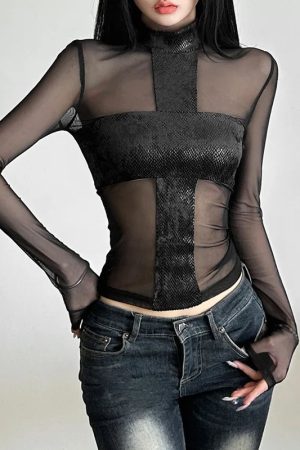 New Style Trends - Crosswire Mesh Panel Y2k Top - Outfit Ideas