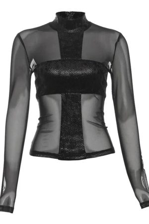 New Style Trends - Crosswire Mesh Panel Y2k Top - Outfit Ideas