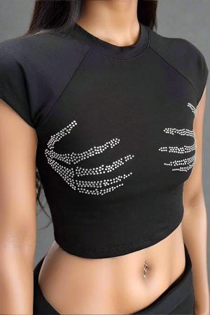 New Style Trends - Crystal Skeleton Hand Alt Crop Top - Outfit Ideas
