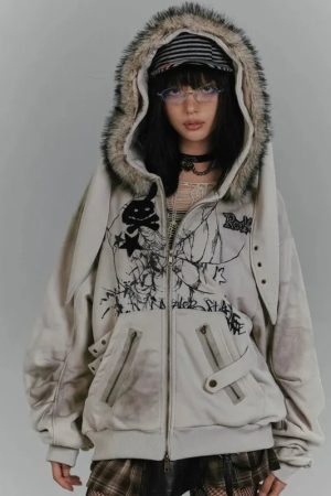 New Style Trends - Distressed Edgy Graffiti Fur Hoodie - Outfit Ideas