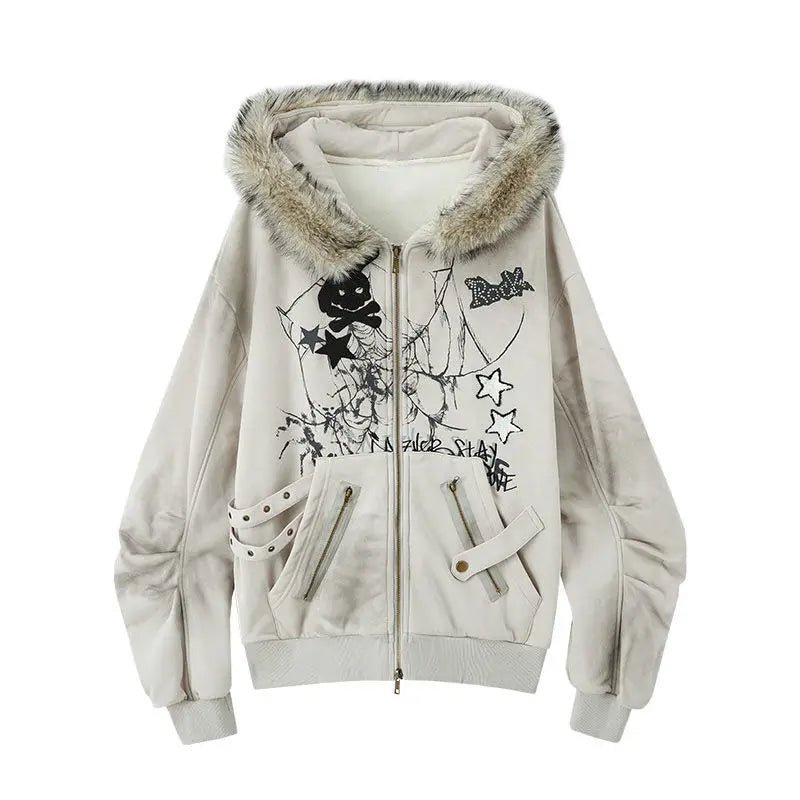 New Style Trends - Distressed Edgy Graffiti Fur Hoodie - Outfit Ideas