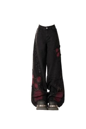 New Style Trends - Distressed Red Butterfly Alt Denim Pants - Outfit Ideas