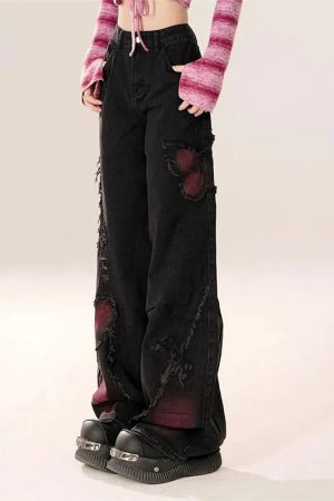 New Style Trends - Distressed Red Butterfly Alt Denim Pants - Outfit Ideas
