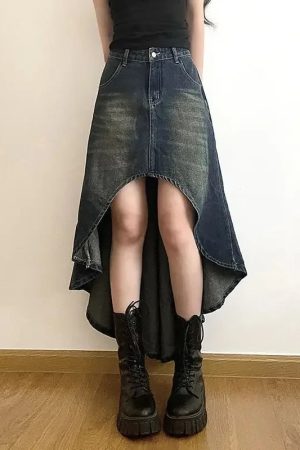 New Style Trends - Eclipse Cut High-Low Y2k Denim Skirt - Outfit Ideas