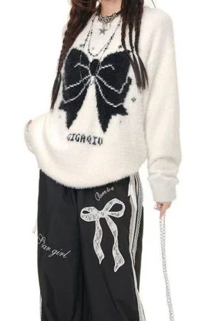 New Style Trends - Edgy Bow Fuzzy Knit Sweater - Outfit Ideas