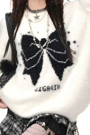 New Style Trends - Edgy Bow Fuzzy Knit Sweater - Outfit Ideas