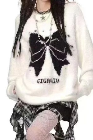 New Style Trends - Edgy Bow Fuzzy Knit Sweater - Outfit Ideas