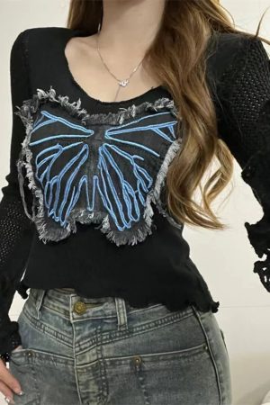 New Style Trends - Edgy Frayed Butterfly Bell Sleeve Top - Outfit Ideas