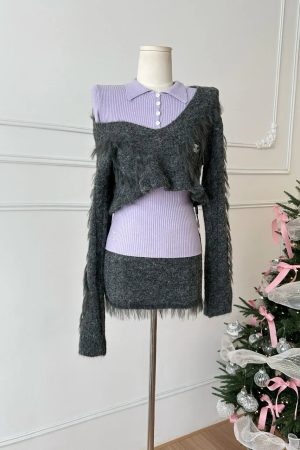 New Style Trends - Edgy Fuzzy Sweater Long Sleeve Outfit Set - Outfit Ideas