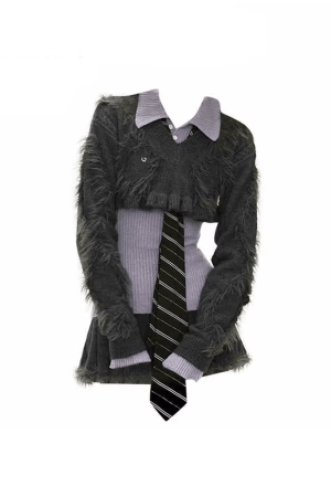 New Style Trends - Edgy Fuzzy Sweater Long Sleeve Outfit Set - Outfit Ideas