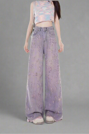 New Style Trends - Edgy Lilac Distressed Wide-Leg Jeans - Outfit Ideas