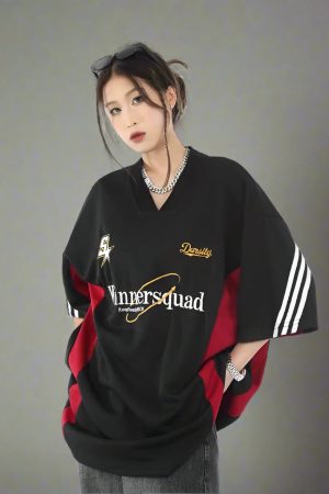 New Style Trends - Edgy Oversized Varsity Sport Jersey Top - Outfit Ideas
