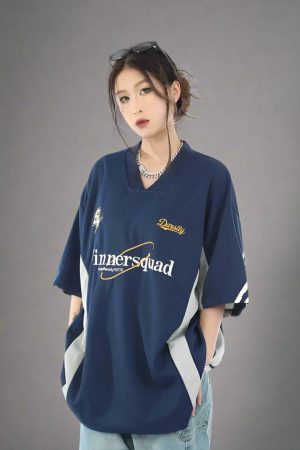 New Style Trends - Edgy Oversized Varsity Sport Jersey Top - Outfit Ideas