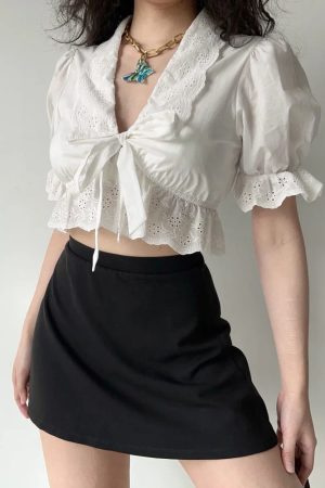 New Style Trends - Eyelet Romance Tie-Front Coquette Blouse - Outfit Ideas