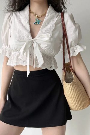 New Style Trends - Eyelet Romance Tie-Front Coquette Blouse - Outfit Ideas