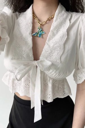 New Style Trends - Eyelet Romance Tie-Front Coquette Blouse - Outfit Ideas