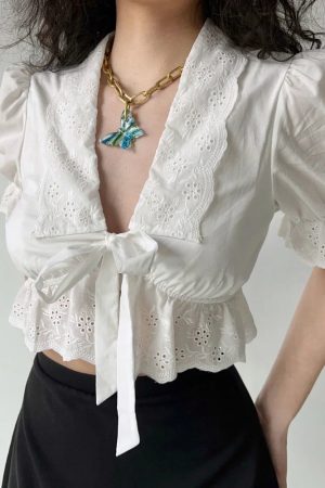 New Style Trends - Eyelet Romance Tie-Front Coquette Blouse - Outfit Ideas