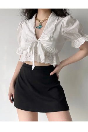 New Style Trends - Eyelet Romance Tie-Front Coquette Blouse - Outfit Ideas
