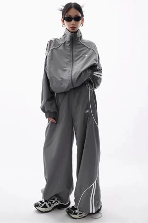 New Style Trends - Gray Wave Piped Y2k Jogger Outfit Set - Outfit Ideas