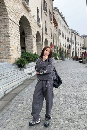 New Style Trends - Gray Wave Piped Y2k Jogger Outfit Set - Outfit Ideas