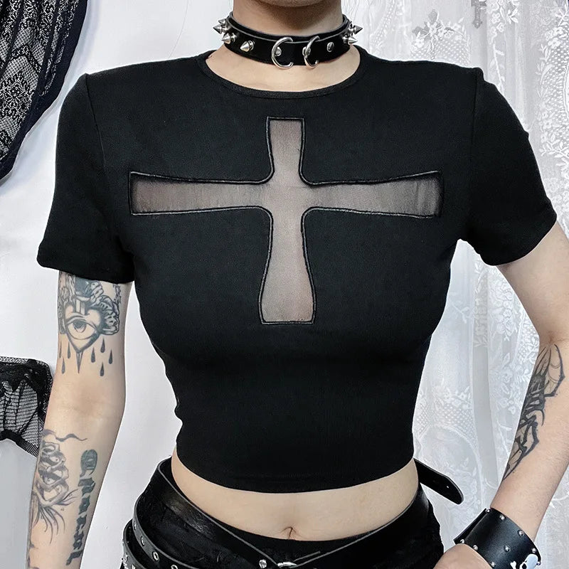 New Style Trends - Hexed Mesh Panel Alt Goth Top - Outfit Ideas New Style Trends - Hexed Mesh Panel Alt Goth Top - Outfit Ideas