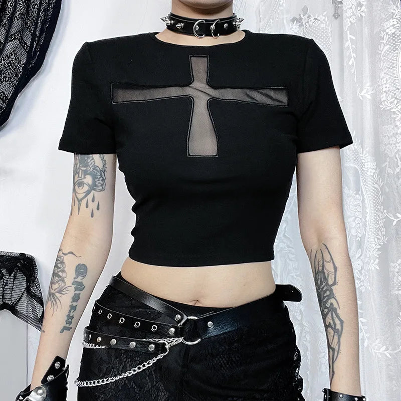 New Style Trends - Hexed Mesh Panel Alt Goth Top - Outfit Ideas