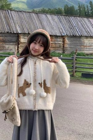 New Style Trends - Kawaii Cozy Puppy Pom-Pom Cardigan - Outfit Ideas