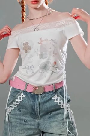 New Style Trends - Kawaii Lace-Trimmed Off-Shoulder Graphic Top - Outfit Ideas