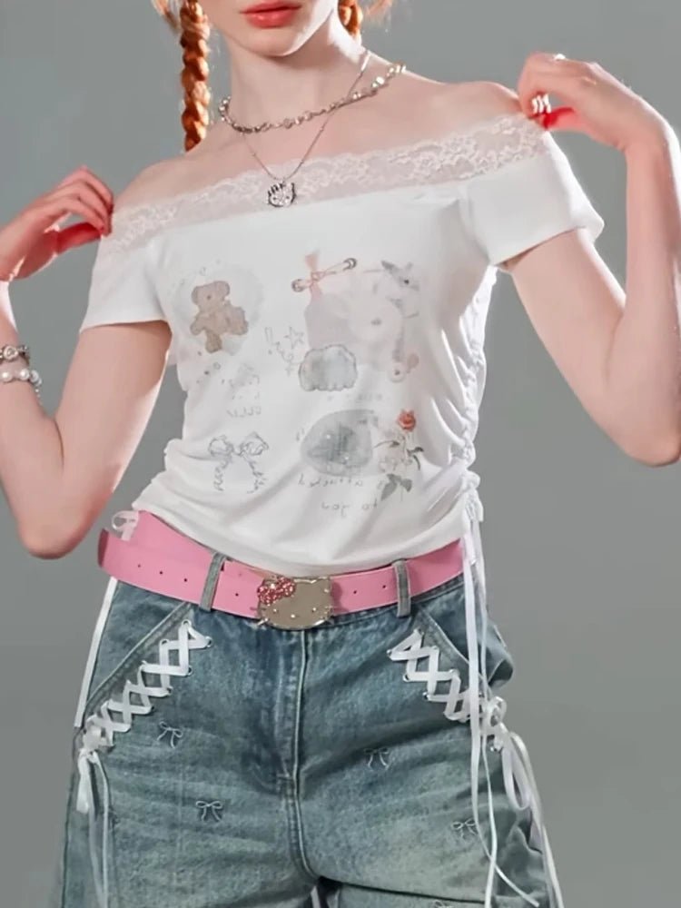 New Style Trends - Kawaii Lace-Trimmed Off-Shoulder Graphic Top - Outfit Ideas New Style Trends - Kawaii Lace-Trimmed Off-Shoulder Graphic Top - Outfit Ideas