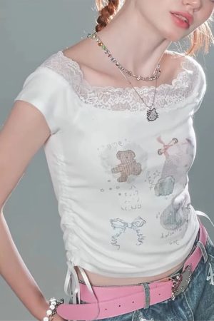 New Style Trends - Kawaii Lace-Trimmed Off-Shoulder Graphic Top - Outfit Ideas