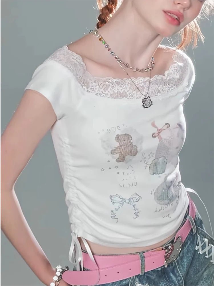 New Style Trends - Kawaii Lace-Trimmed Off-Shoulder Graphic Top - Outfit Ideas New Style Trends - Kawaii Lace-Trimmed Off-Shoulder Graphic Top - Outfit Ideas