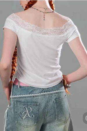 New Style Trends - Kawaii Lace-Trimmed Off-Shoulder Graphic Top - Outfit Ideas