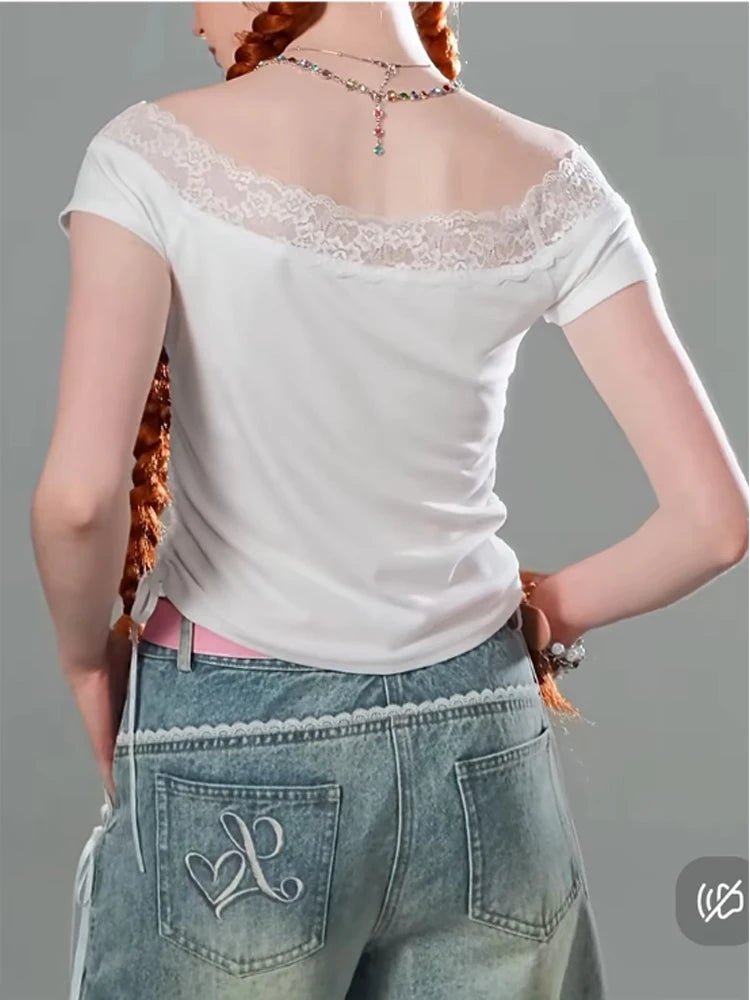 New Style Trends - Kawaii Lace-Trimmed Off-Shoulder Graphic Top - Outfit Ideas New Style Trends - Kawaii Lace-Trimmed Off-Shoulder Graphic Top - Outfit Ideas
