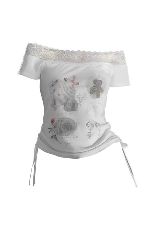 New Style Trends - Kawaii Lace-Trimmed Off-Shoulder Graphic Top - Outfit Ideas