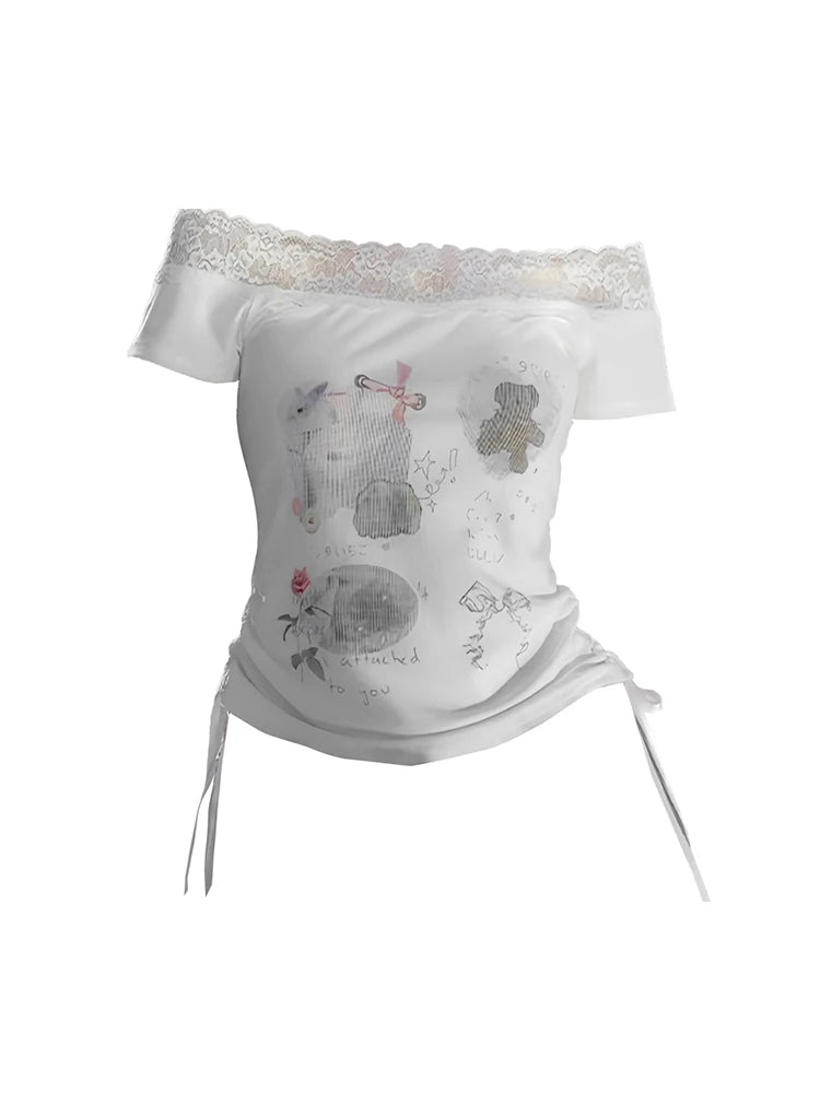 New Style Trends - Kawaii Lace-Trimmed Off-Shoulder Graphic Top - Outfit Ideas New Style Trends - Kawaii Lace-Trimmed Off-Shoulder Graphic Top - Outfit Ideas