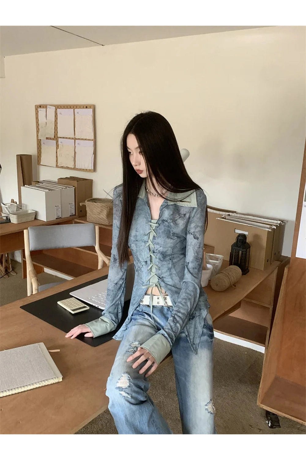 New Style Trends - Lace-Up Distressed Edgy Denim Blouse - Outfit Ideas New Style Trends - Lace-Up Distressed Edgy Denim Blouse - Outfit Ideas