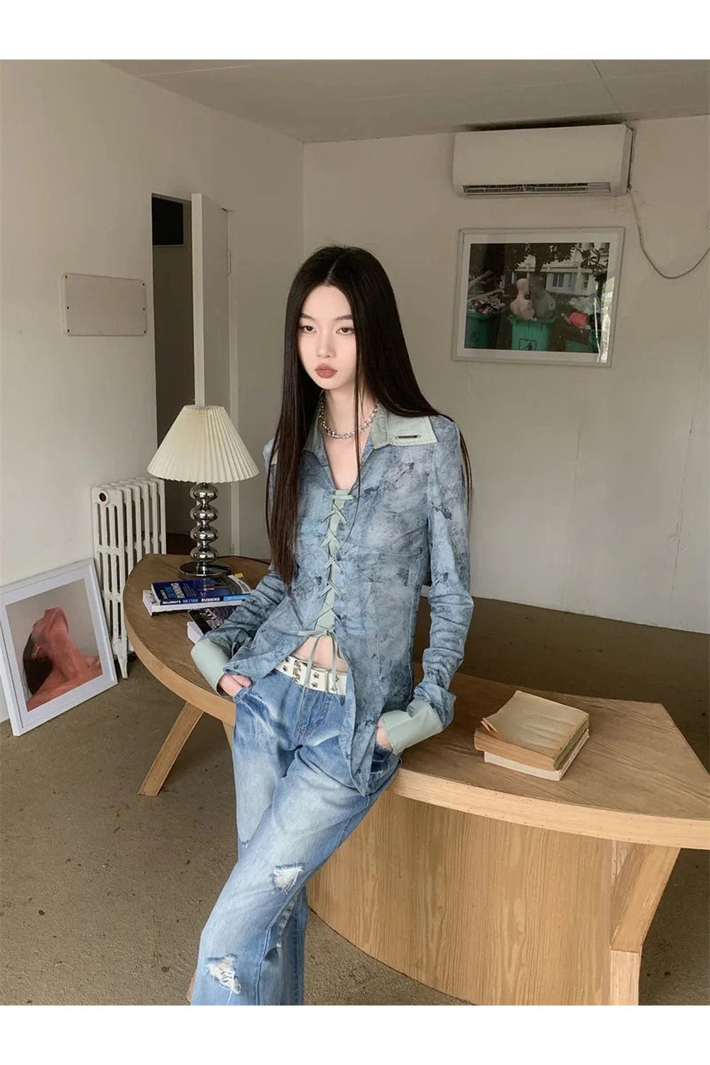 New Style Trends - Lace-Up Distressed Edgy Denim Blouse - Outfit Ideas