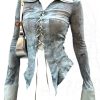 New Style Trends - Lace-Up Distressed Edgy Denim Blouse - Outfit Ideas