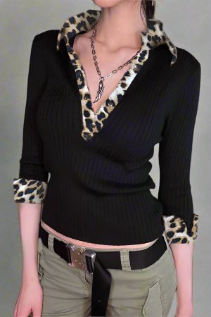 New Style Trends - Leopard Aesthetic Long Sleeve Knit Top - Outfit Ideas