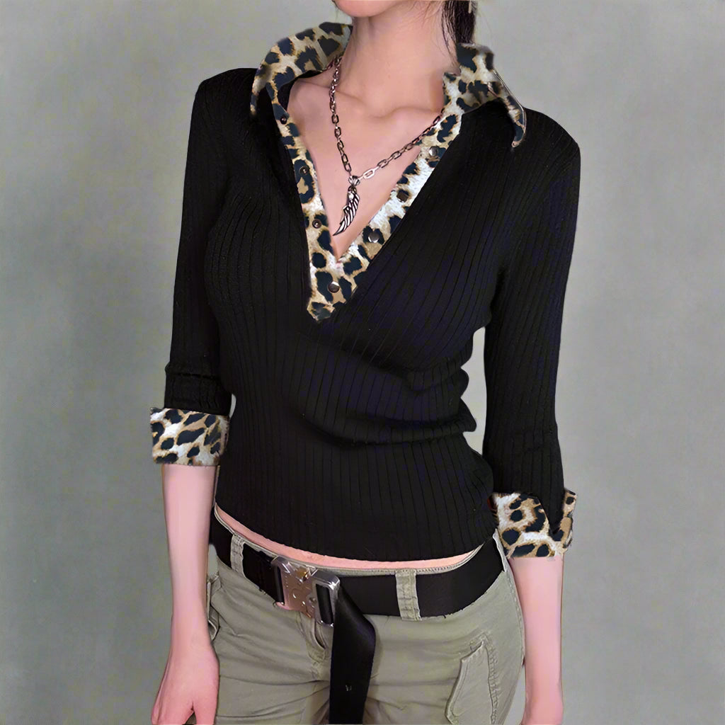 New Style Trends - Leopard Aesthetic Long Sleeve Knit Top - Outfit Ideas