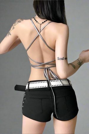 New Style Trends - Lunar Rush Metallic Drawstring Y2k Crop Top - Outfit Ideas