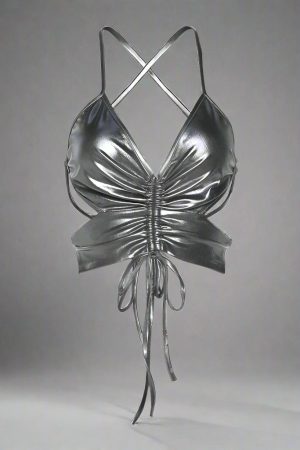 New Style Trends - Lunar Rush Metallic Drawstring Y2k Crop Top - Outfit Ideas