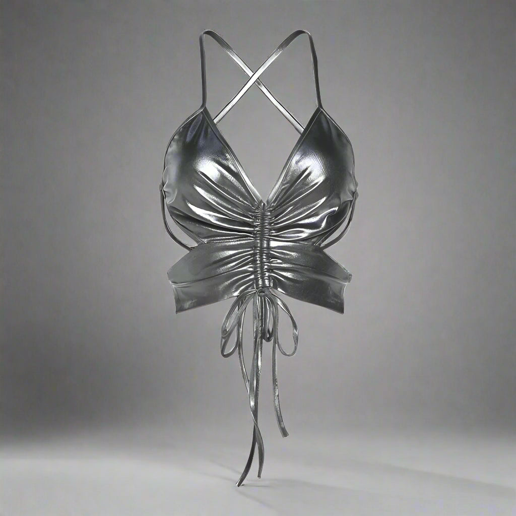 New Style Trends - Lunar Rush Metallic Drawstring Y2k Crop Top - Outfit Ideas