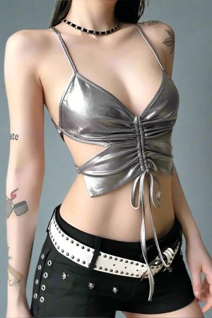 New Style Trends - Lunar Rush Metallic Drawstring Y2k Crop Top - Outfit Ideas
