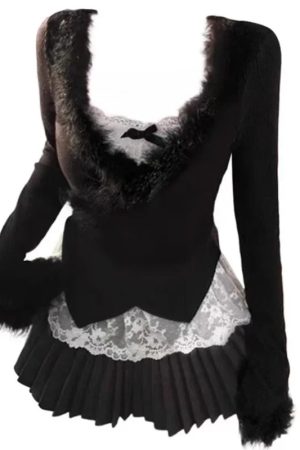 New Style Trends - Midnight Elegance Alt Fur-Trim Outfit Set - Outfit Ideas