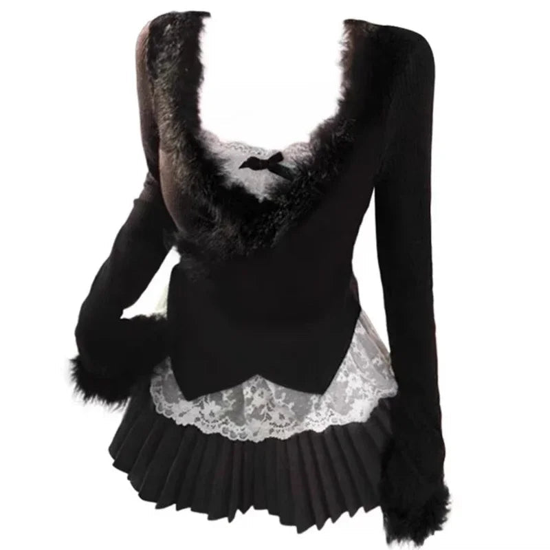 New Style Trends - Midnight Elegance Alt Fur-Trim Outfit Set - Outfit Ideas New Style Trends - Midnight Elegance Alt Fur-Trim Outfit Set - Outfit Ideas