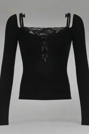 New Style Trends - Midnight Lace Bow Coquette Long Sleeve Top - Outfit Ideas