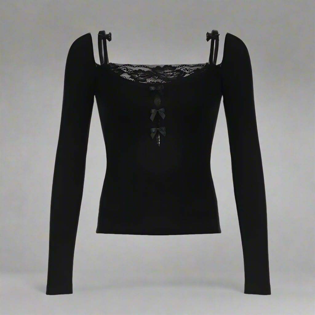 New Style Trends - Midnight Lace Bow Coquette Long Sleeve Top - Outfit Ideas