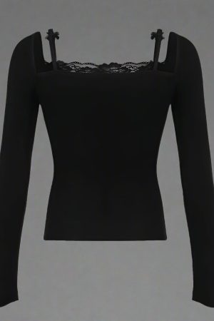 New Style Trends - Midnight Lace Bow Coquette Long Sleeve Top - Outfit Ideas