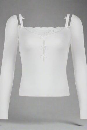 New Style Trends - Midnight Lace Bow Coquette Long Sleeve Top - Outfit Ideas